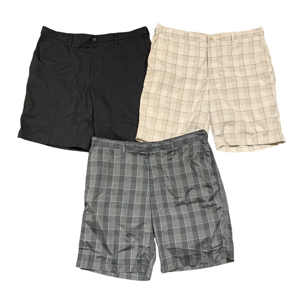 PGA TOUR Mens Golf Shorts Lot of 3 Size 40‎ Black Tan Plaid Flat Front Polyester